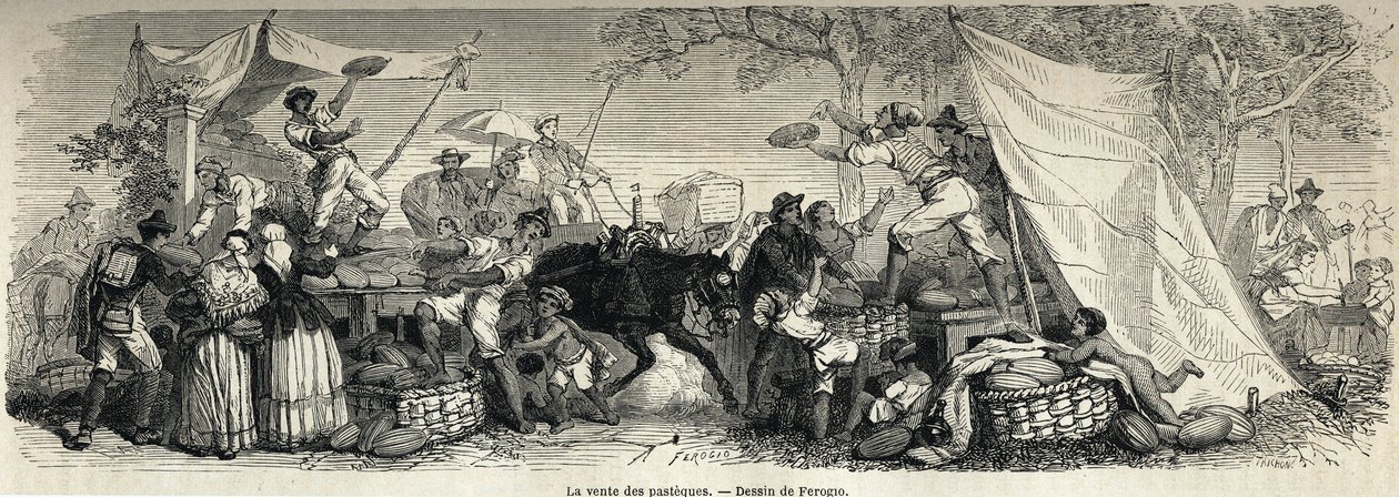 1861 年，马克·蒙尼尔（Marc Monnier，1829-1885 年）画的西瓜出售，描绘了那不勒斯和那不勒斯人。 1861 年雕刻的“Le tour du monde”。Selva 的收藏。 作者 弗朗索瓦·福斯特·安托万（后）费罗吉欧