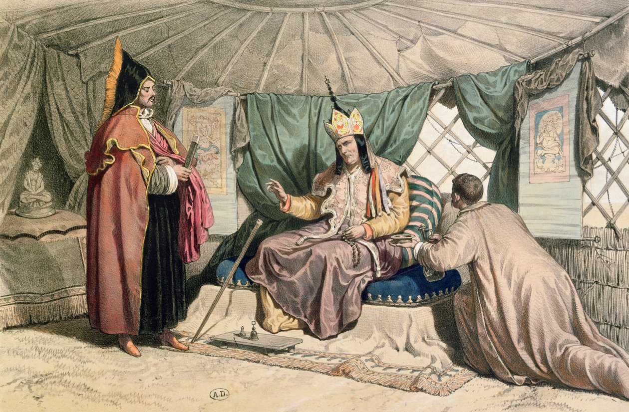 一个Kalmuk大祭司和他的Ghepi，来自Xavier Hommaire de Hell（1812-48）的“Voyage a la mer Caspienne”插图c.1850 作者 弗朗索瓦·财富For antoine Ferogio