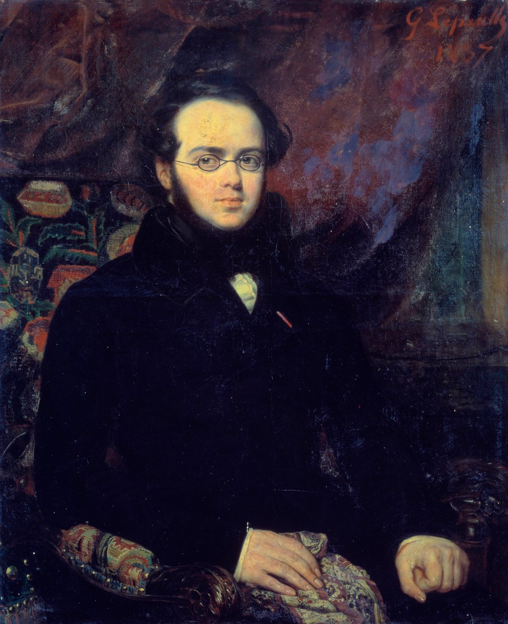 法国作曲家 Jacques Fromental Levy dit Halevy (1799-1862) 的肖像 他戴着眼镜摆姿势。 弗朗索瓦·加布里埃尔·勒保勒 (1804-1886) 的画作 1837 年巴黎，歌剧院图书馆 - 法国作曲家雅克·弗罗门塔尔·列维的肖像，名叫黑尔 作者 弗朗索瓦·加布里埃尔·纪尧姆·勒帕勒