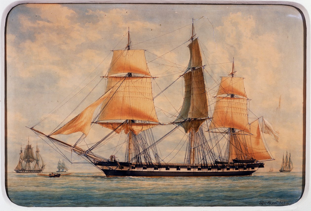 法国弗朗索瓦-鲁(Francois Roux)(1811-1882)的水彩画《La Favorita》护卫舰。 作者 弗朗索瓦·若弗鲁瓦·鲁