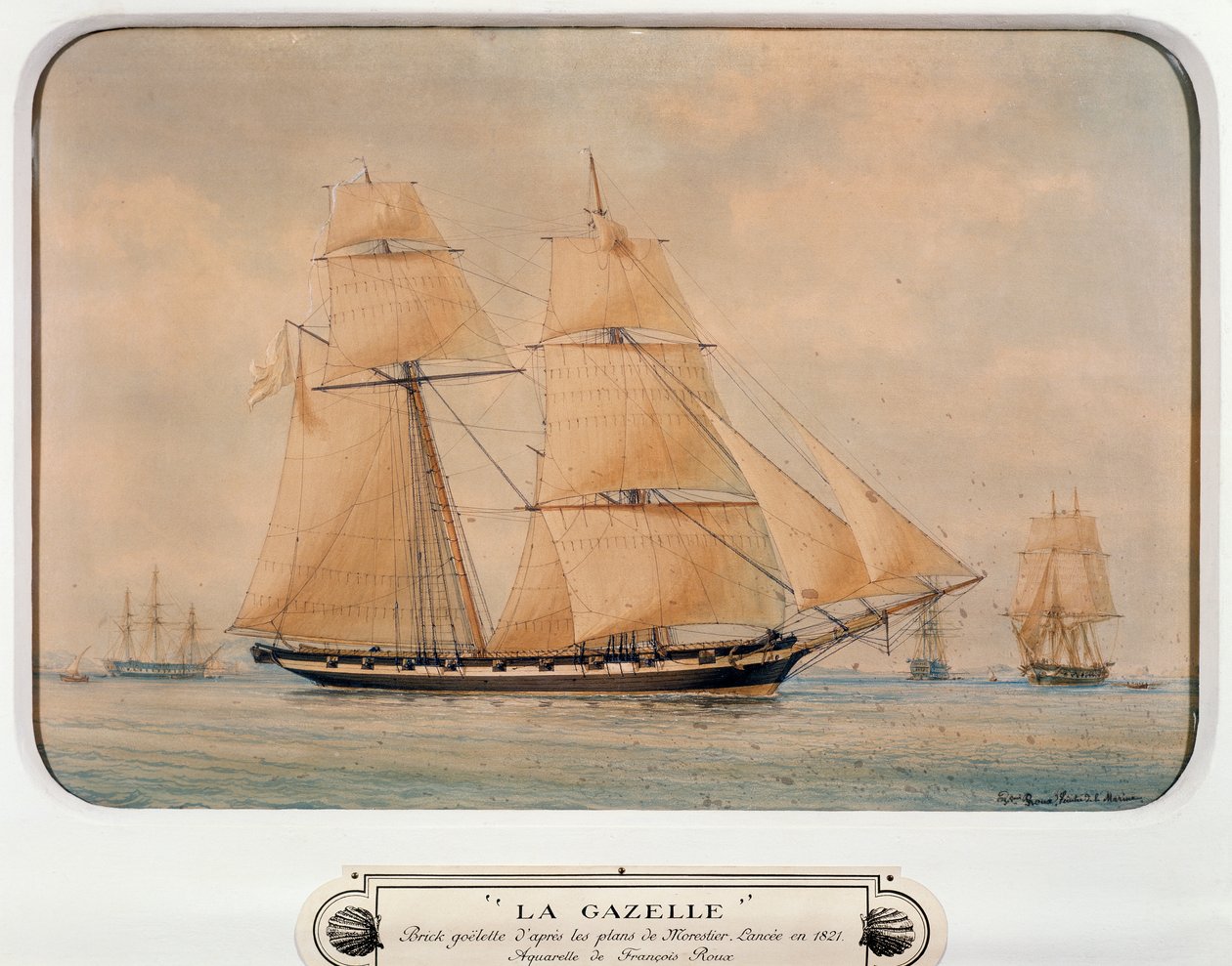 双桅船La Gazelle，Francois Roux（1811-1882），水彩画，法国 作者 弗朗索瓦·若弗鲁瓦·鲁