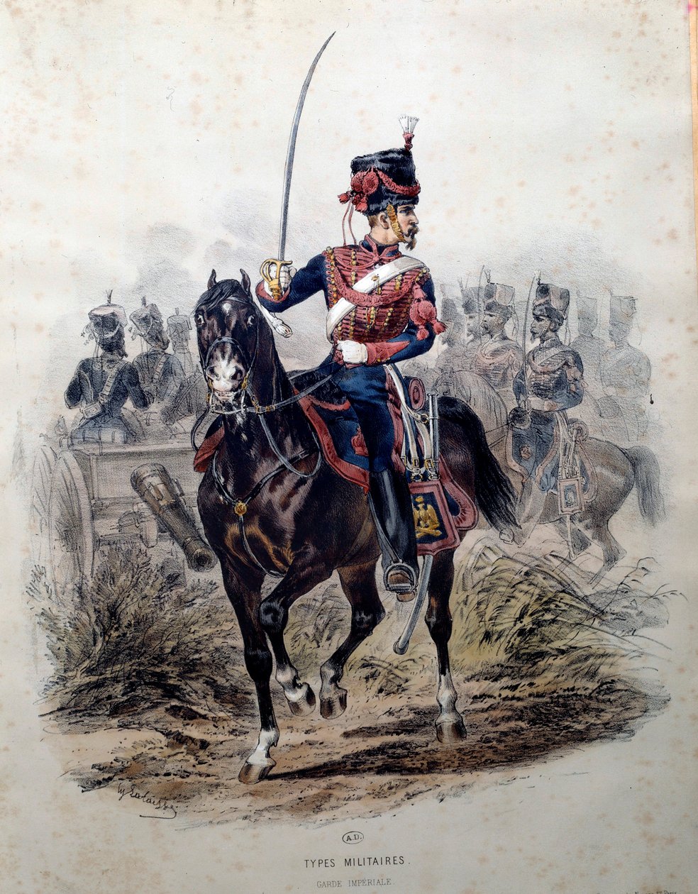 骑在马背上的帝国卫队士兵。 Francois Lalaisse (1812-1884) 的平版印刷 1860 年巴黎，装饰艺术 作者 弗朗索瓦·希波吕特·拉莱塞