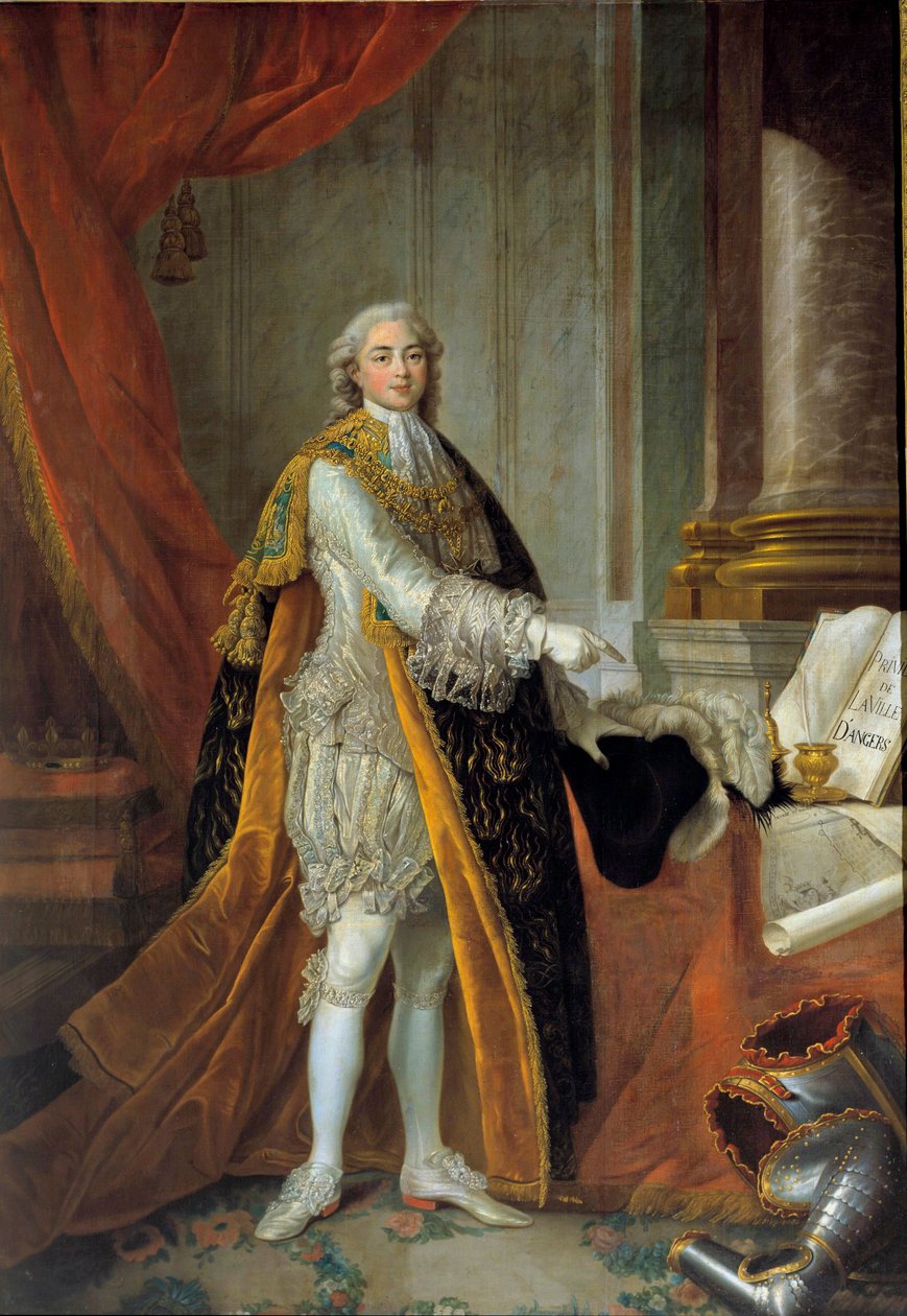 法国的路易斯坦尼斯拉斯泽维尔（未来的路易十八），普罗旺斯伯爵（1755-1824）身着圣神勋章（圣神勋章）的华丽服饰，并展示昂热市的特权 ””“”弗朗索瓦绘画 作者 弗朗索瓦·休伯特·杜埃