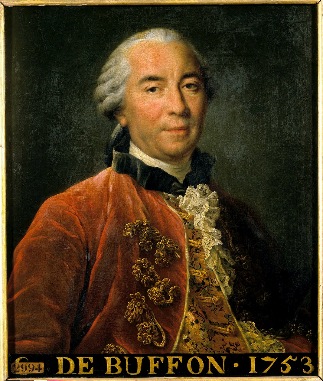 乔治·路易斯·勒克莱尔 (Georges Louis Leclerc) 的肖像，布冯伯爵，皇家园林管理员、博物学家和作家（1707-1788 年）。 弗朗索瓦·休伯特·德鲁埃（Francois Hubert Drouais，1727-1775 年）原作之后的绘画。 调暗 0.63 x 0.52。 凡尔赛宫。 城堡博物馆 作者 弗朗索瓦·休伯特·杜埃