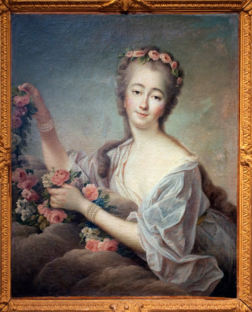 花卉中的巴里夫人肖像（让娜-贝库，巴里伯爵夫人（或夫人）（1743-1793）--弗朗索瓦-休伯特-德鲁瓦（1727-1775）的画作，布面油画 作者 弗朗索瓦·休伯特·杜埃