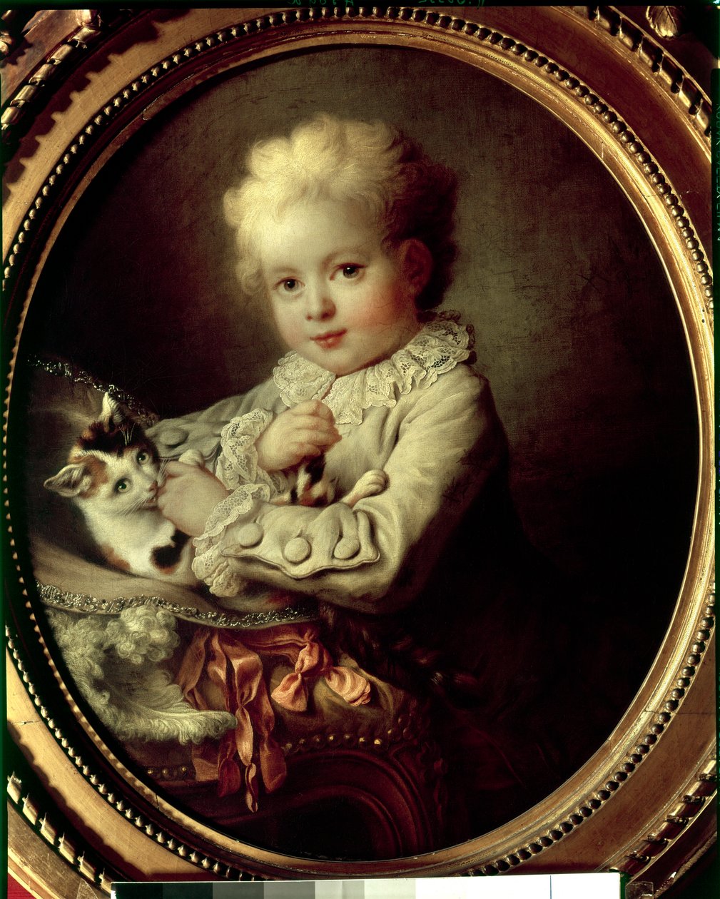 一个小男孩玩猫的肖像 弗朗索瓦·休伯特·德鲁埃 (Francois Hubert Drouais) (1727-1775) 的画作，18 世纪巴黎，雅克玛·安德烈博物馆 作者 弗朗索瓦·休伯特·杜埃
