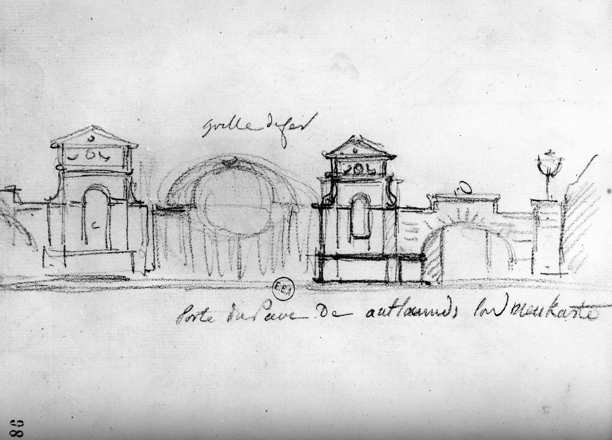 英国游记》中的建筑素描，约1766年（纸上铅笔）。 作者 弗朗索瓦·约瑟夫·贝朗格