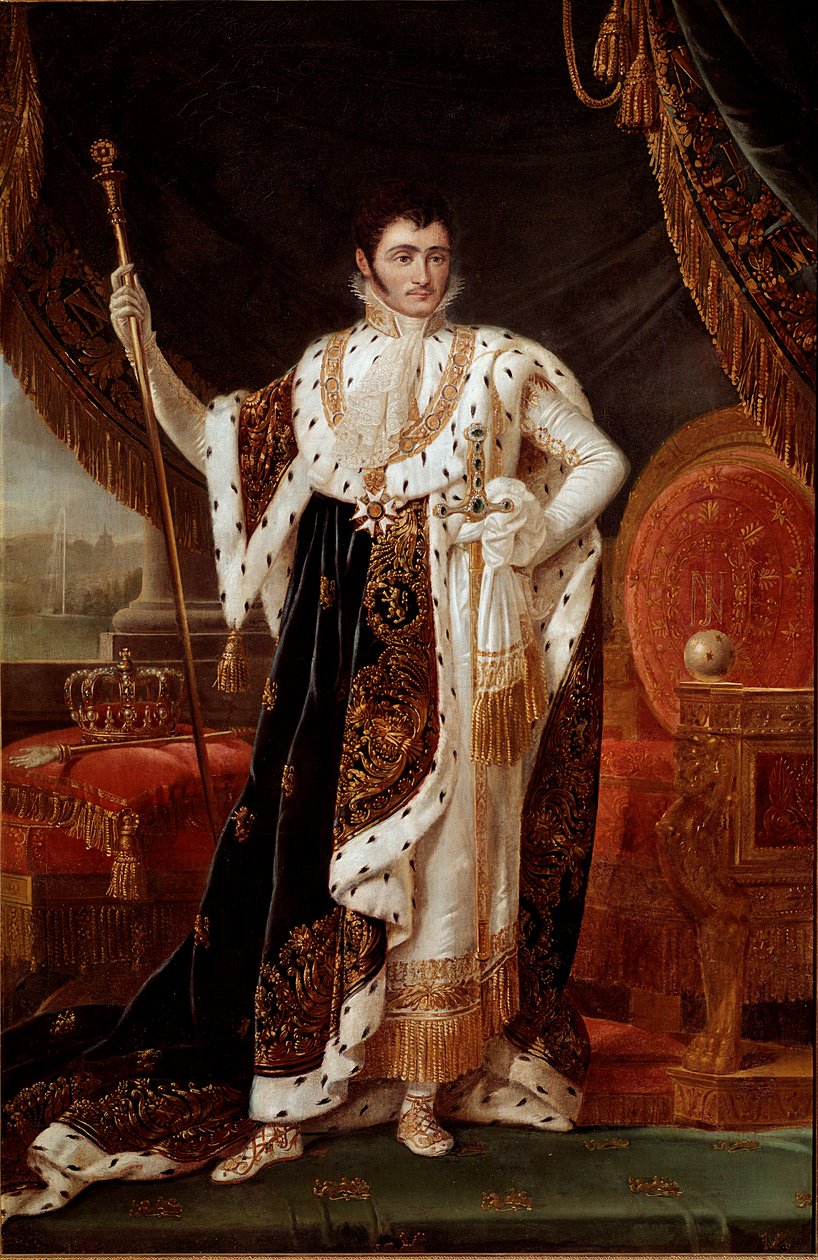 Portrait of Jerome Bonaparte (1784-1860) king of Westphalia, in front of the gardens of Wilhelmshohe Painting by Francois Joseph (Francois-Joseph) Kinson (1770-1839) or Kinsoen. 19th century Sun. 2,1x1,4 m Versailles musee du chateau 作者 弗朗索瓦·约瑟夫·金森