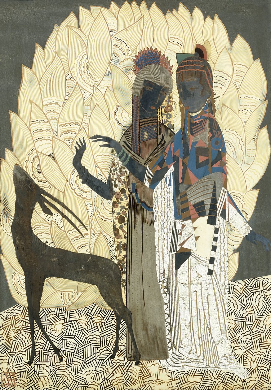 两名风格化的妇女，在树叶间穿羚羊，摄于1928年（漆和硬木d&39;oeuf木板） 作者 弗朗索瓦·路易斯（后）铁匠