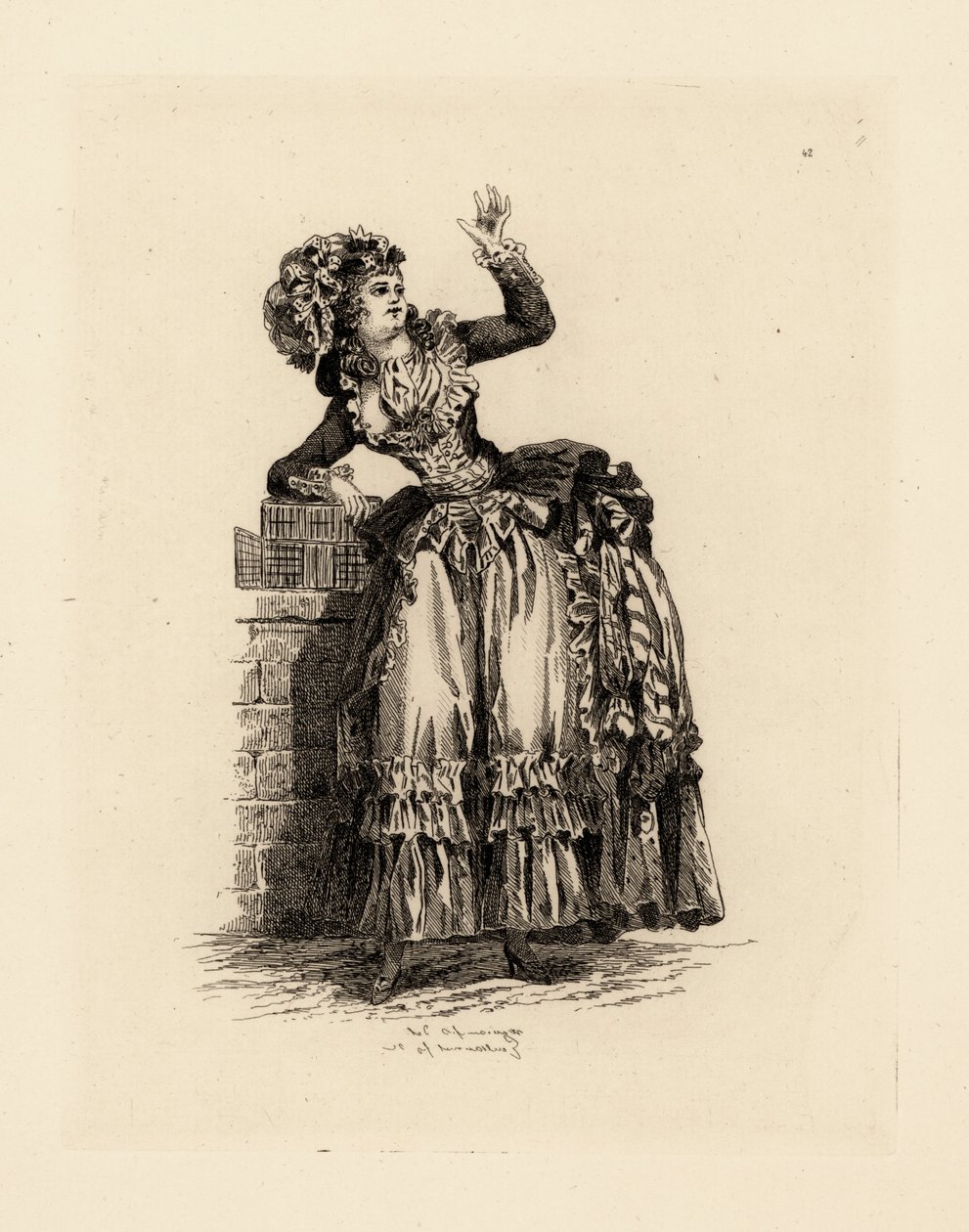 Fashionable woman in bonnet a la Nicolet, era of Marie Antoinette (etching) 作者 弗朗索瓦·路易·约瑟夫（后）瓦托