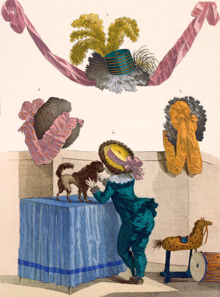 帽子的设计，由Dupin雕刻而成，来自&39;Galeries des Modes et Costumes Francais&39;的第325号板，1780年 作者 弗朗索瓦·路易斯·约瑟夫·瓦托