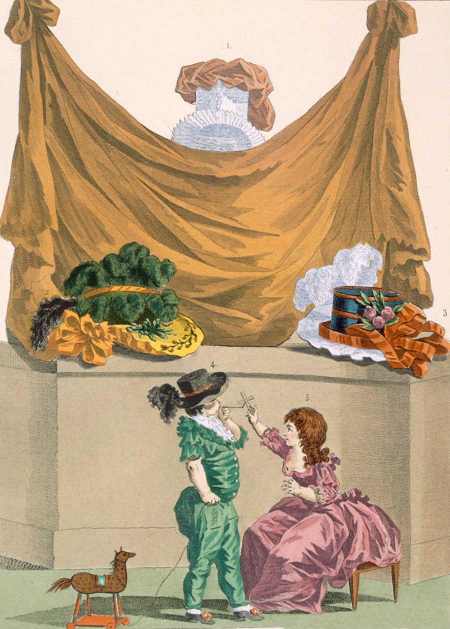 帽子和儿童服装，由Dupin雕刻而成，来自&39;Galeries des Modes et Costumes Francais&39;，第321页，1780年 作者 弗朗索瓦·路易斯·约瑟夫·瓦托