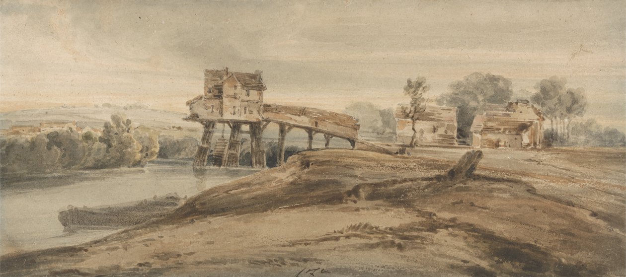 在托马森桥上的水车，在托马斯·吉尔丁（1775-1802）的绘画之后（纸上的石墨） 作者 弗朗索瓦·路易斯·托马斯·弗朗西亚