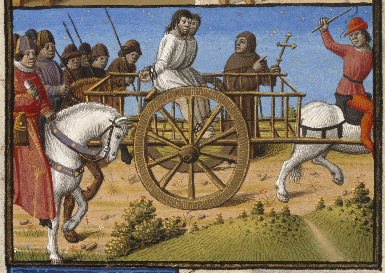 Harley 4375，f.140 两名囚犯被押上刑车，由一名牧师陪同，插图选自 Valerius Maximus 的《Les Faits et les Dis des Romains et de Autres Gens》（或《Memorabilia》），巴黎 作者 弗朗索瓦·梅特