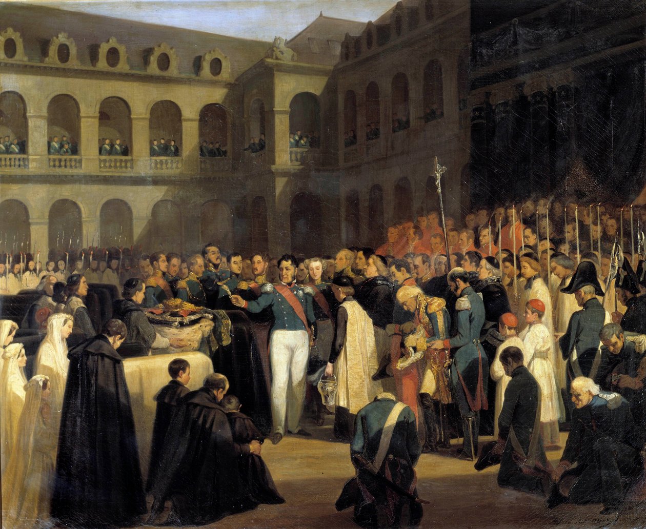 1835 年 5 月 8 日在路易-菲利普国王面前为 Fieschi 袭击的受害者举行葬礼 朱塞佩·菲斯基（科西嘉的阴谋家）于 1835 年 7 月 28 日对法国国王路易-菲利普一世的袭击发生在 Boulevard du Boulevard du 在巴黎的寺庙。 磷 作者 弗朗索瓦·马里乌斯·格兰内特
