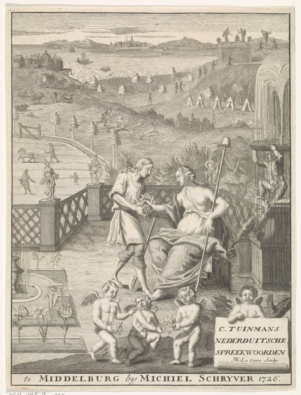 荷兰少女从园丁手中接过鲜花
扉页：Carolus Tuinman，De oorsprong en uitlegging van (...) Nederduitsche spreekwoorden，1726 年。 作者 弗朗索瓦·莫雷隆拉洞