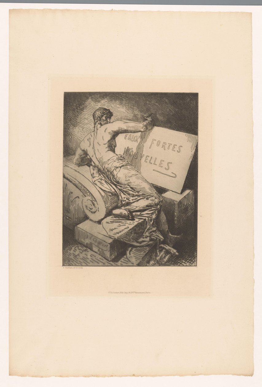 石碑上的人与标题印花
Eaux Fortes Nouvelles（物品上的标题）
1877 年不同版画家的蚀刻版画（系列名称）
1877 年的堡垒之水（系列标题） 作者 弗朗索瓦·尼古拉斯·奇夫拉特