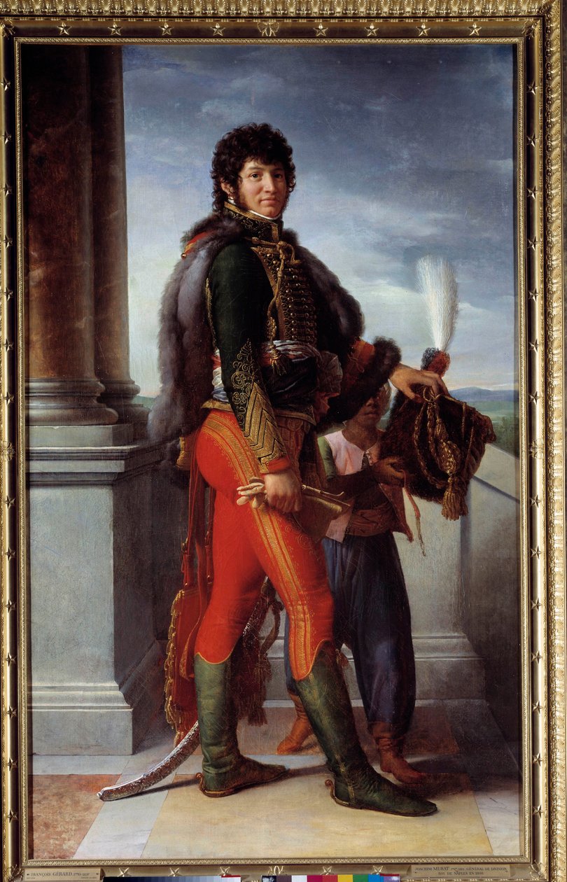 约阿希姆-缪拉（1767-1815）身穿胡萨德制服的帝国元帅，当时是骑兵师的将军，领事卫队的指挥官，1801年巴黎的军事总督，由弗朗索瓦-杰拉德（1770-1837）于1801年左右绘制。 作者 弗朗索瓦·帕斯卡尔·西蒙·杰拉德男爵