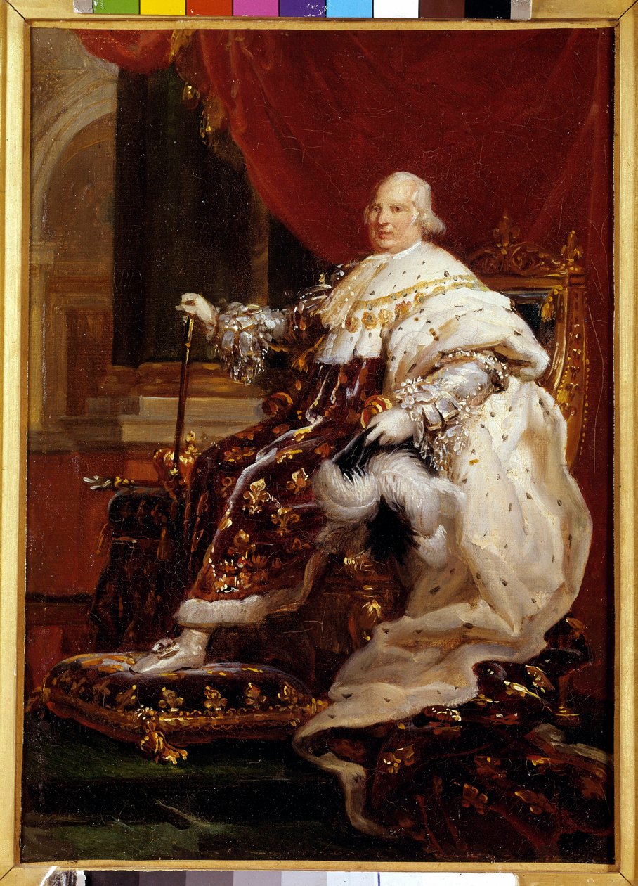 路易十八 (1755-1824) 和服装的肖像画 弗朗索瓦·杰拉德 (1770-1837) 1814 年 0,32 x 0,23 m - 身着加冕长袍的路易十八 (1755-1824) 全长肖像。 弗朗索瓦·杰拉德 (1770-1837) 的画作 作者 弗朗索瓦·帕斯卡尔·西蒙·杰拉德男爵