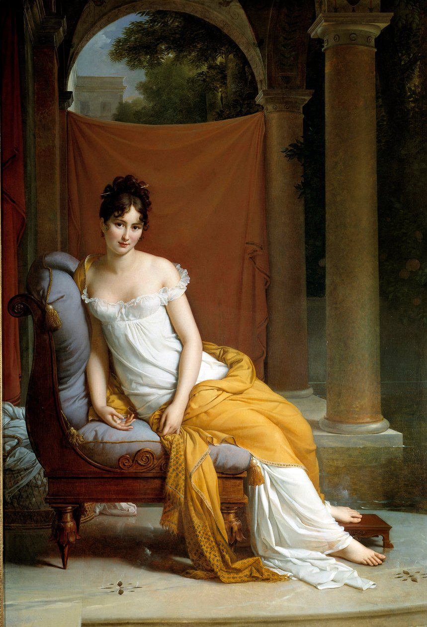 朱丽叶·雷卡米尔 (Juliette Recamier) 的肖像，《法文文学》(French Letters) 的妻子，《雷卡米尔夫人 (Madame Recamier)》(1777-1849)。 弗朗索瓦·杰拉德 (1770-1837) 1805 年作画 2,25 x 1,48 m 巴黎，Carnavalet 博物馆 - Juliette Recamier 的肖像，名为 Madame Recamier（1777-1849），法国社会 作者 弗朗索瓦·帕斯卡尔·西蒙·杰拉德男爵
