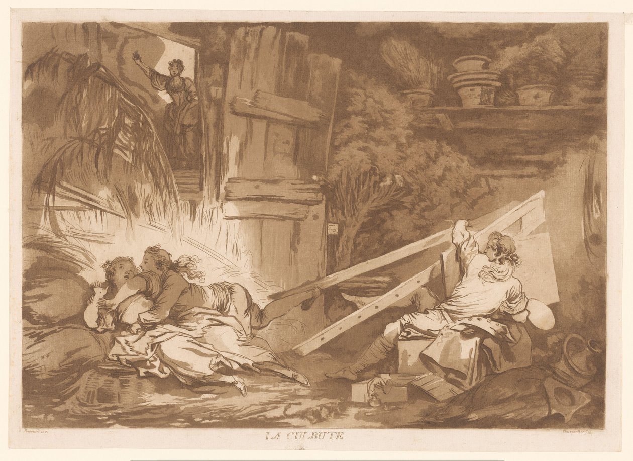跌跌撞撞的年轻男子摔倒在正在画画的女子身上
La Culbute（物体上的标题） 作者 弗朗索瓦·菲利普·夏彭蒂埃