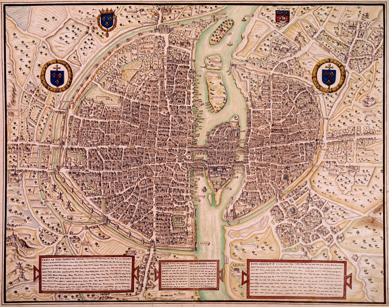 1540 年至 1555 年的巴黎市地图说到挂毯。 弗朗索瓦·罗杰·德·盖尼埃 (Francois Roger de Gaignieres) (1642-1715) 的雕刻。 巴黎，B.N. 作者 弗朗索瓦·罗杰·德·盖格涅雷斯