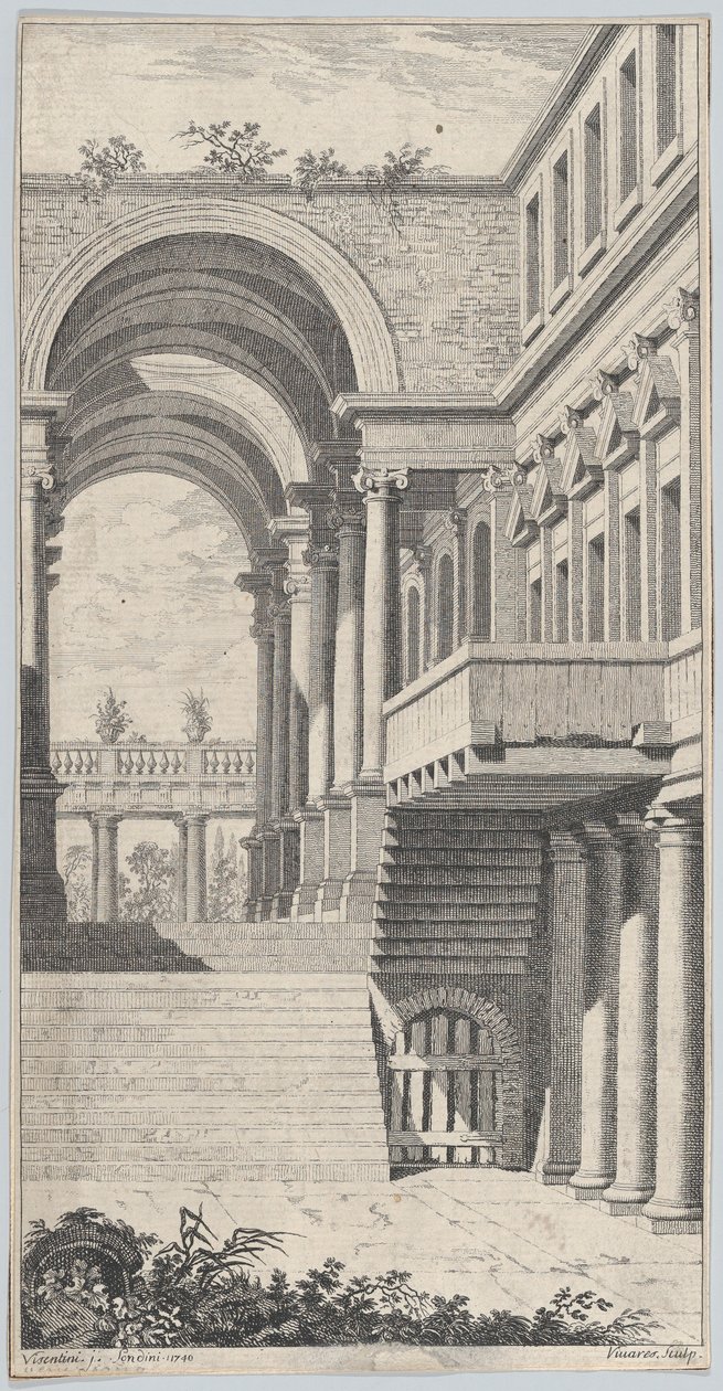 带拱门的建筑景观，1740年。 作者 弗朗索瓦·维瓦雷斯（Francois Vivares）