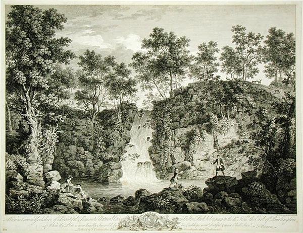 约克郡克雷文市博尔顿公园的瀑布景观，1753年出版（版画） 作者 弗朗索瓦·维瓦雷斯（Francois Vivarez）
