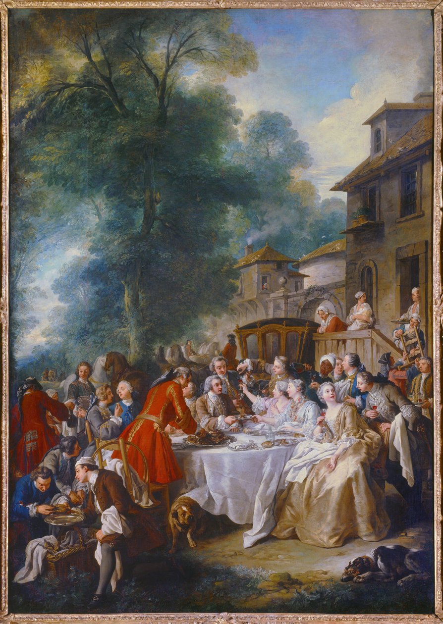 狩猎午餐。 让·弗朗索瓦·德·特洛伊 (Jean Francois De Troy) 的绘画 (1679-1752) 作者 弗朗索瓦·德·特洛伊