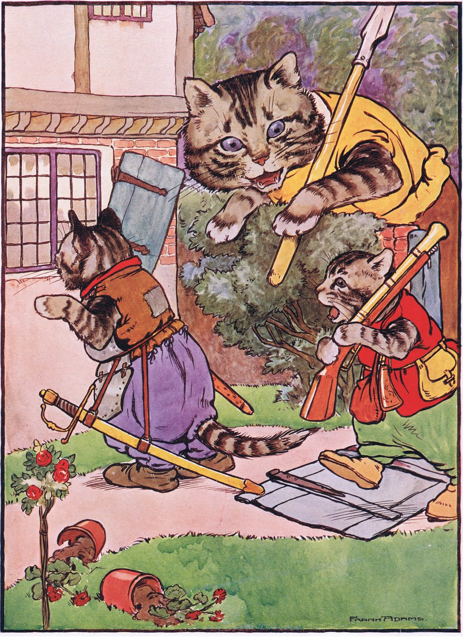 一只猫与她的小猫爬到房子里，插图来自&39;青蛙会求爱&39;，作者Charles H. Bennett，1916年 作者 弗兰克·亚当斯