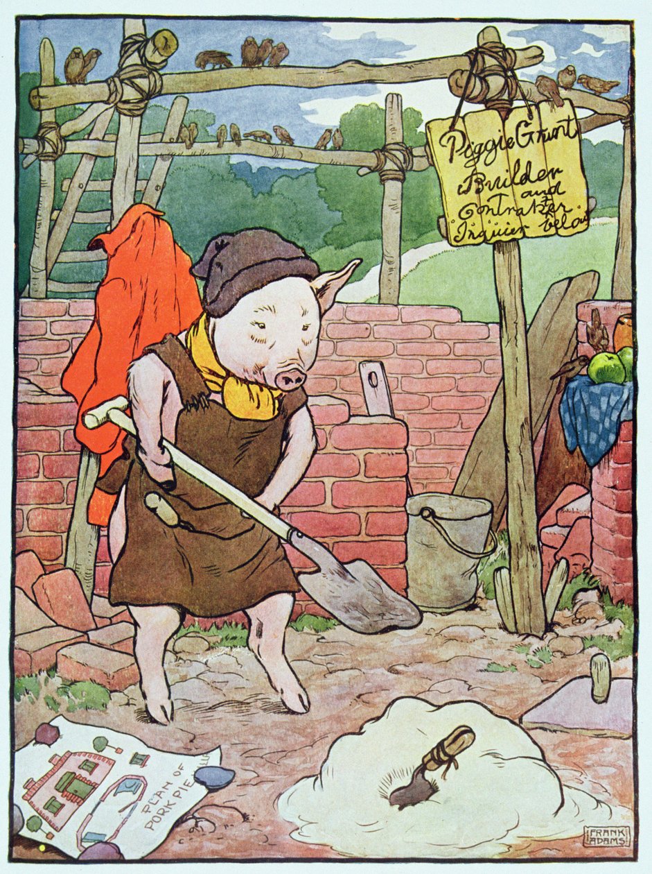 “这只小猪建造了一座砖房”，插图来自1930年代出版的“三只小猪” 作者 弗兰克·亚当斯