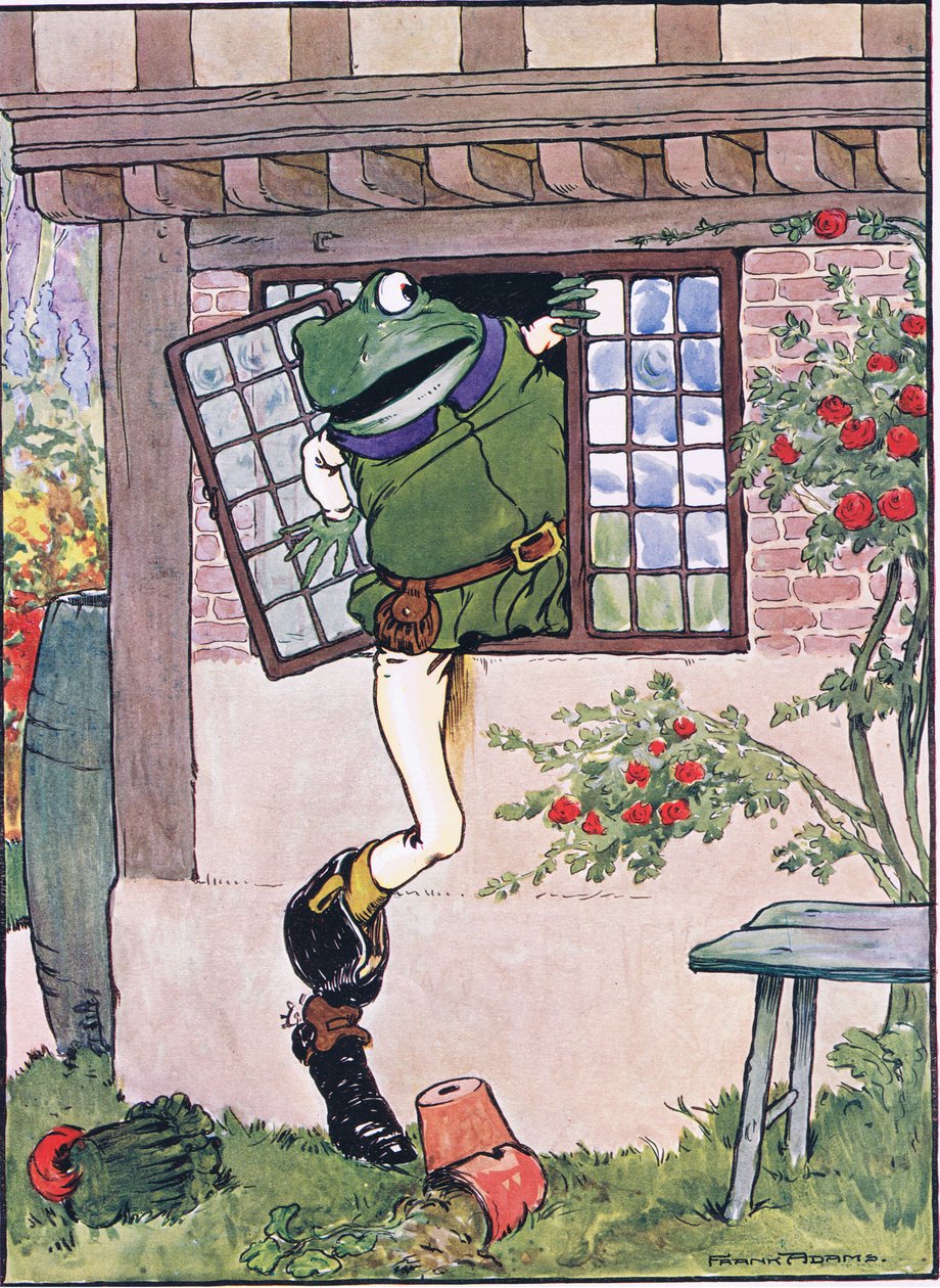 1916年，查尔斯·H·贝内特（Charles H. Bennett）通过窗户爬上青蛙，插图来自“青蛙将成为求爱” 作者 弗兰克·亚当斯