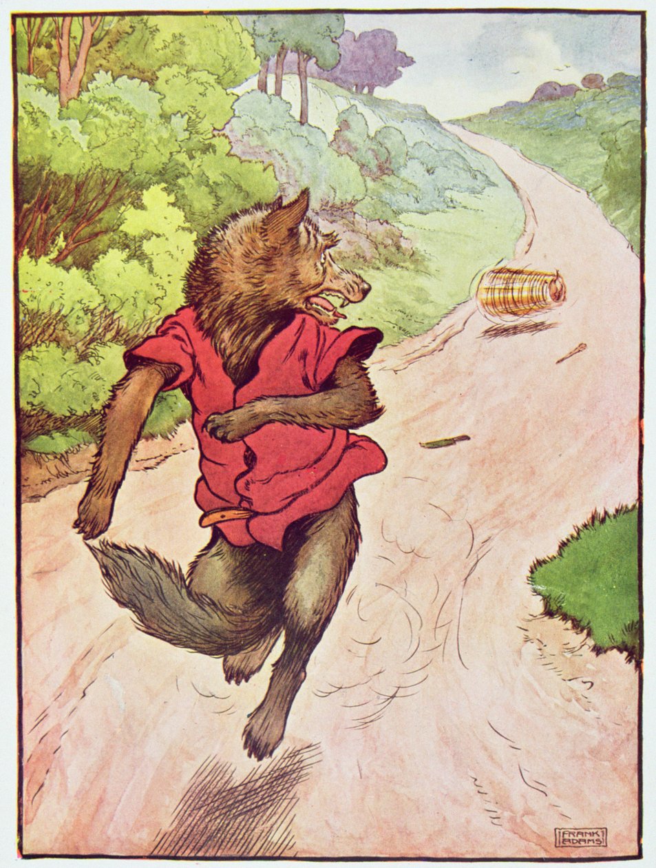 他用他的腿跑得最快"，《三只小猪》的插图，1930年代出版（彩色平版印刷）。 作者 弗兰克·亚当斯