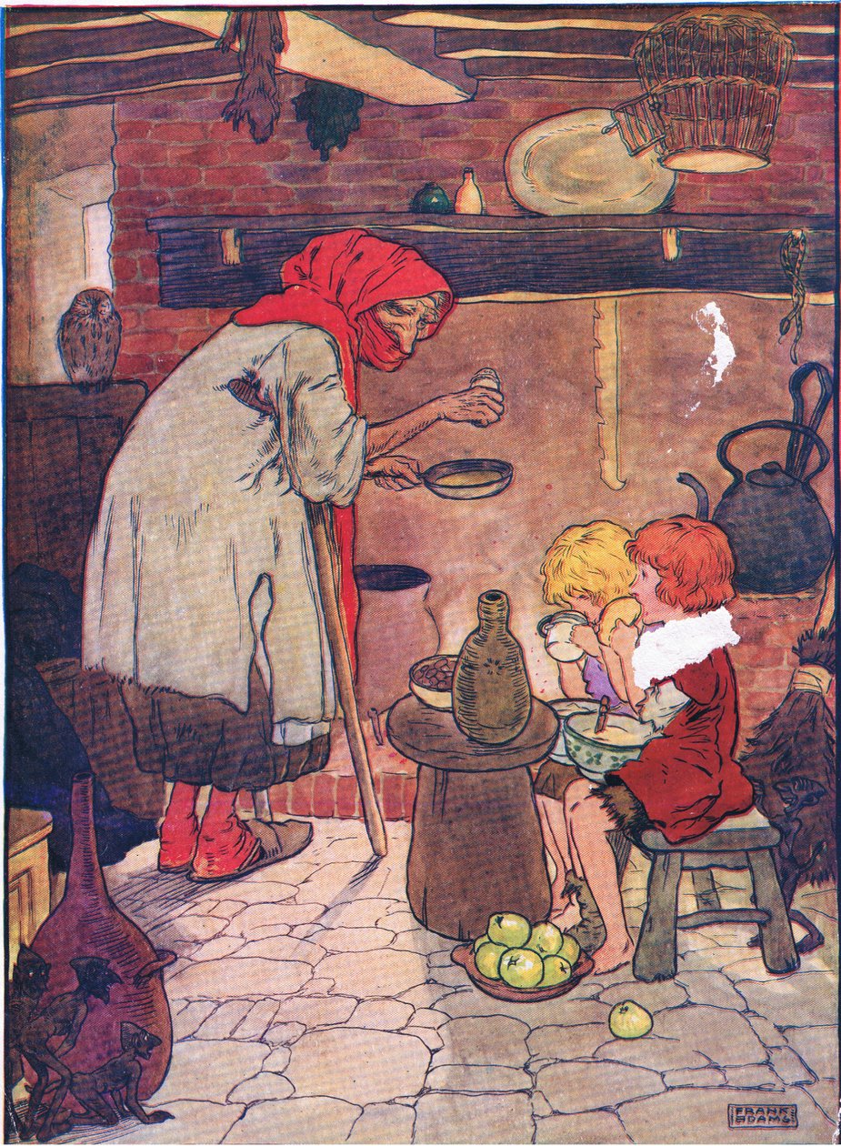 她带领他们进来，给他们一个美味的晚餐，来自Hanie和Gretel，由Blackie＆Son Limited出版，c.1940 作者 弗兰克·亚当斯