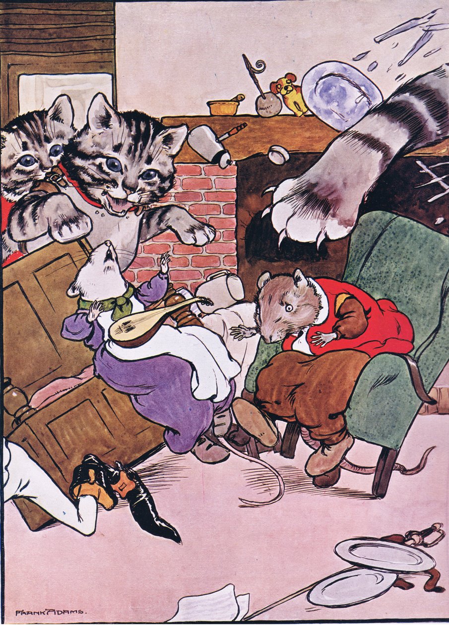 猫和她的小猫跌跌撞撞，插图来自&39;The Frog will a Wooing Go&39;，Charles H. Bennett，1916年 作者 弗兰克·亚当斯