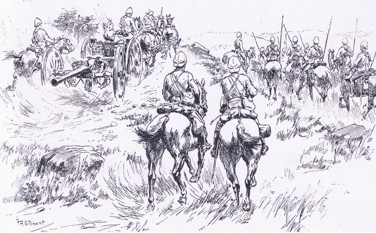 Bulgend骑兵和炮兵在Bergendal上前进，插图来自比勒陀利亚之后：The Guerilla War，1902 作者 弗兰克·阿尔金农·斯图尔特