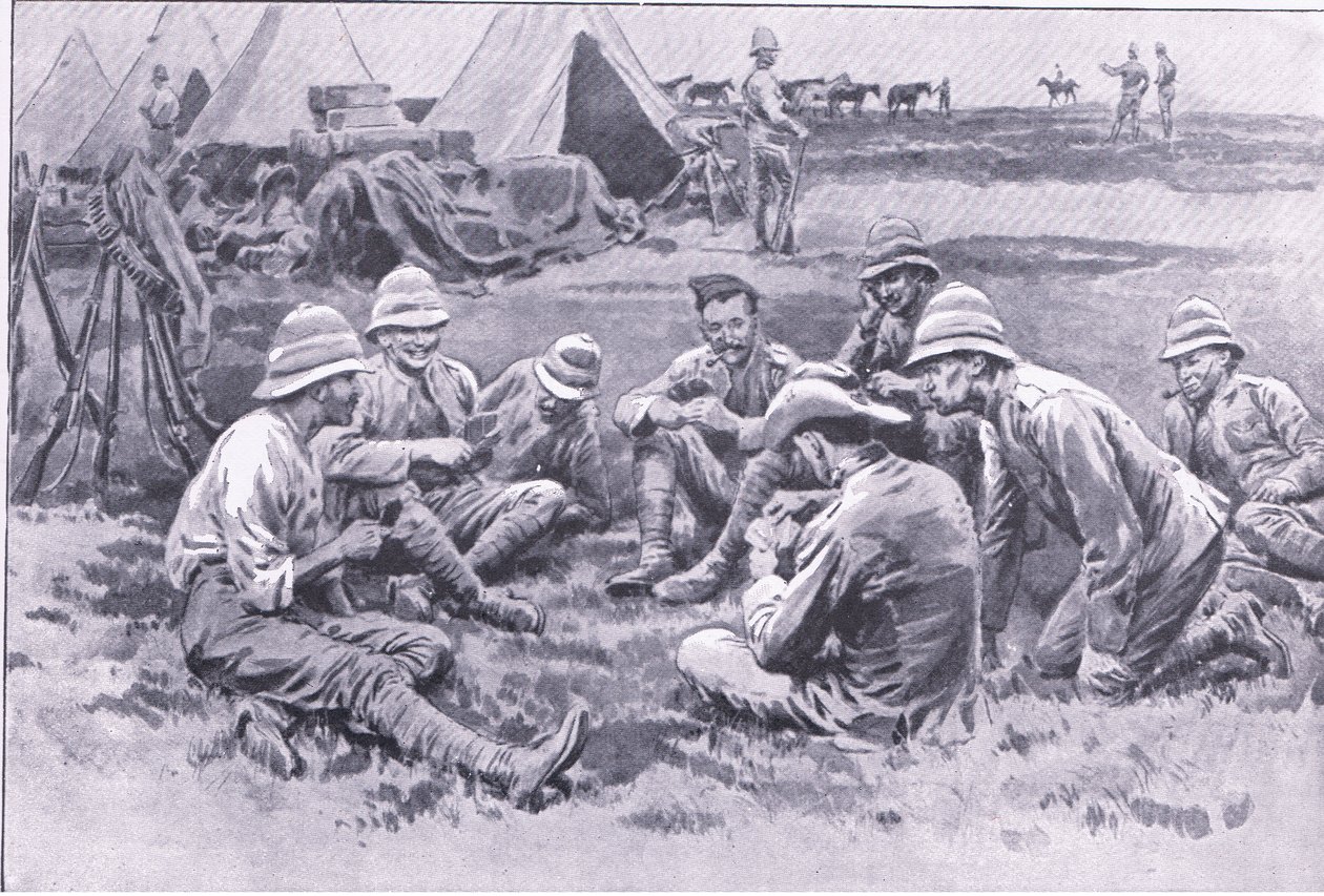 疲惫的士兵享受休息，来自比勒陀利亚之后：1940年由哈姆斯沃思兄弟公司出版的游击战争 作者 弗兰克·达德