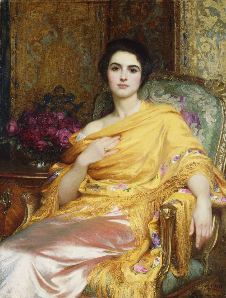 艾尔莎（Elsa）的肖像，威廉·霍尔（William Hall）的女儿，四分之三长，穿着粉红色的连衣裙和黄色的外套坐着，1927年 作者 弗兰克·迪克塞
