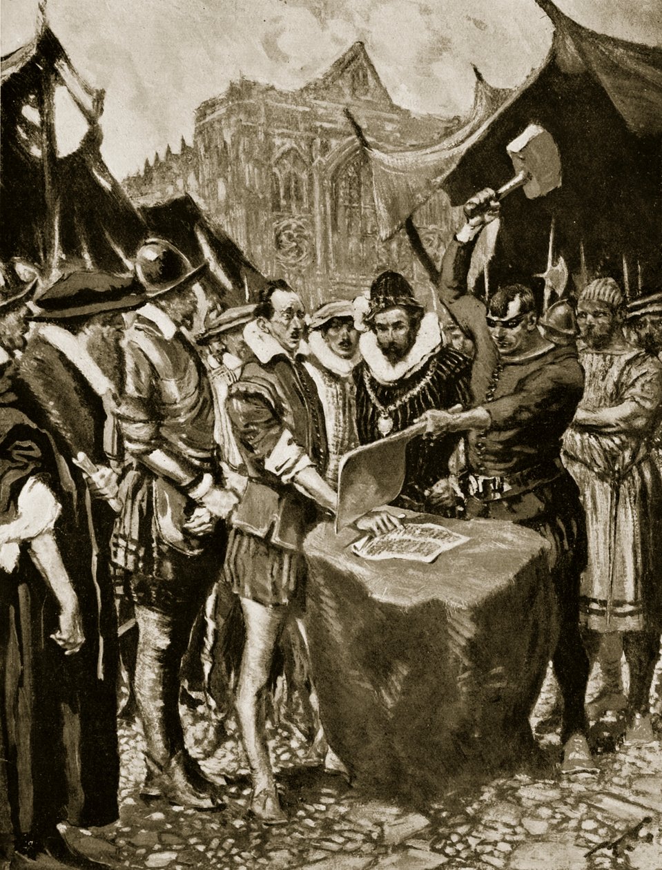 斯塔布斯的手被切断，1521年，插图来自“哈钦森的英国民族故事”，c.1923 作者 弗兰克·吉列特