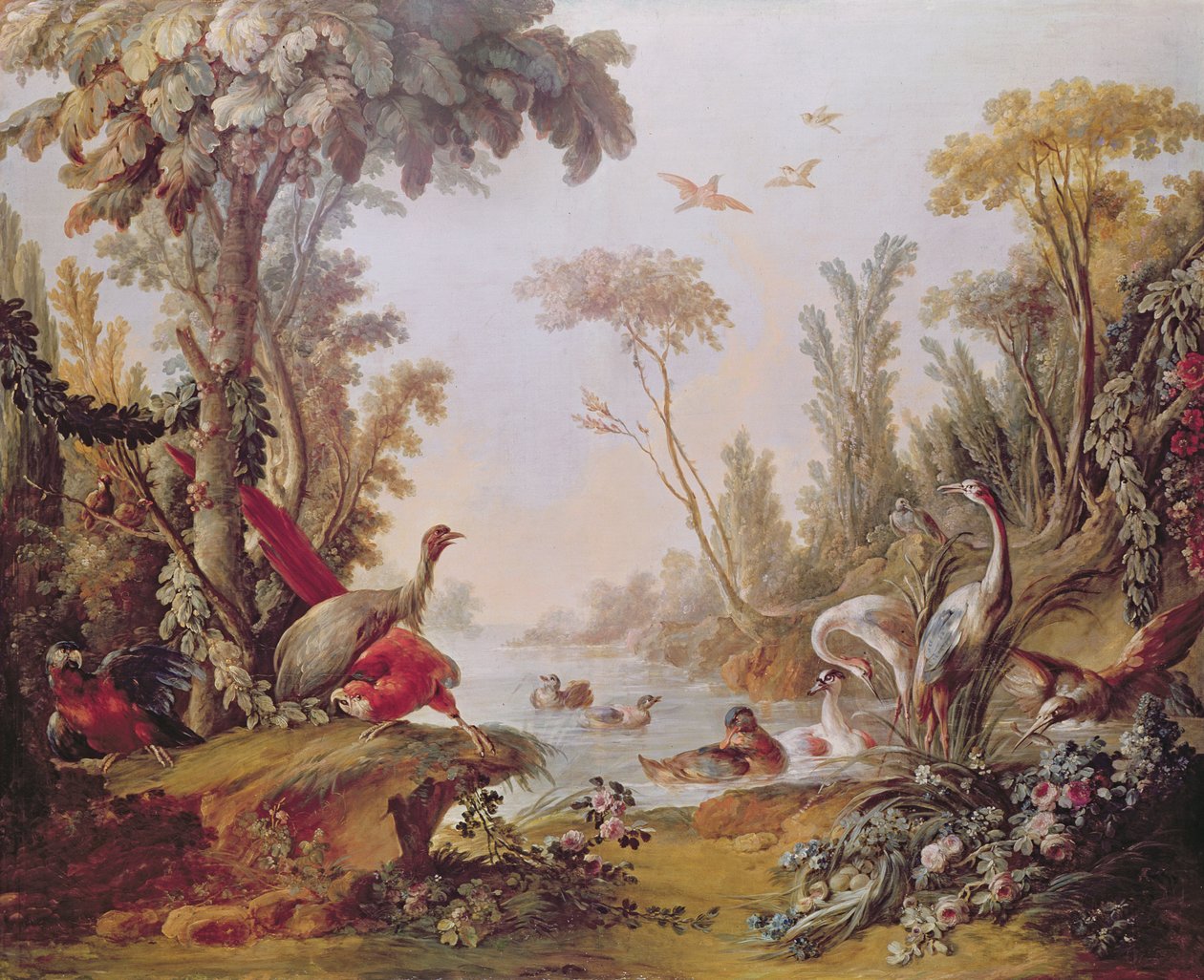 湖与鹅，鹳，鹦鹉和苍鹭，来自Gilles Demarteau沙龙（1722-76）c.1750-65 作者 弗朗索瓦·布歇