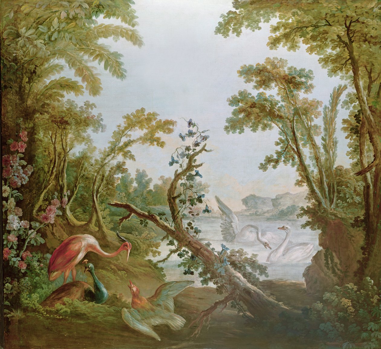 湖上有天鹅，火烈鸟和各种鸟类，来自Gilles Demarteau沙龙，1750-65 作者 弗朗索瓦·布歇