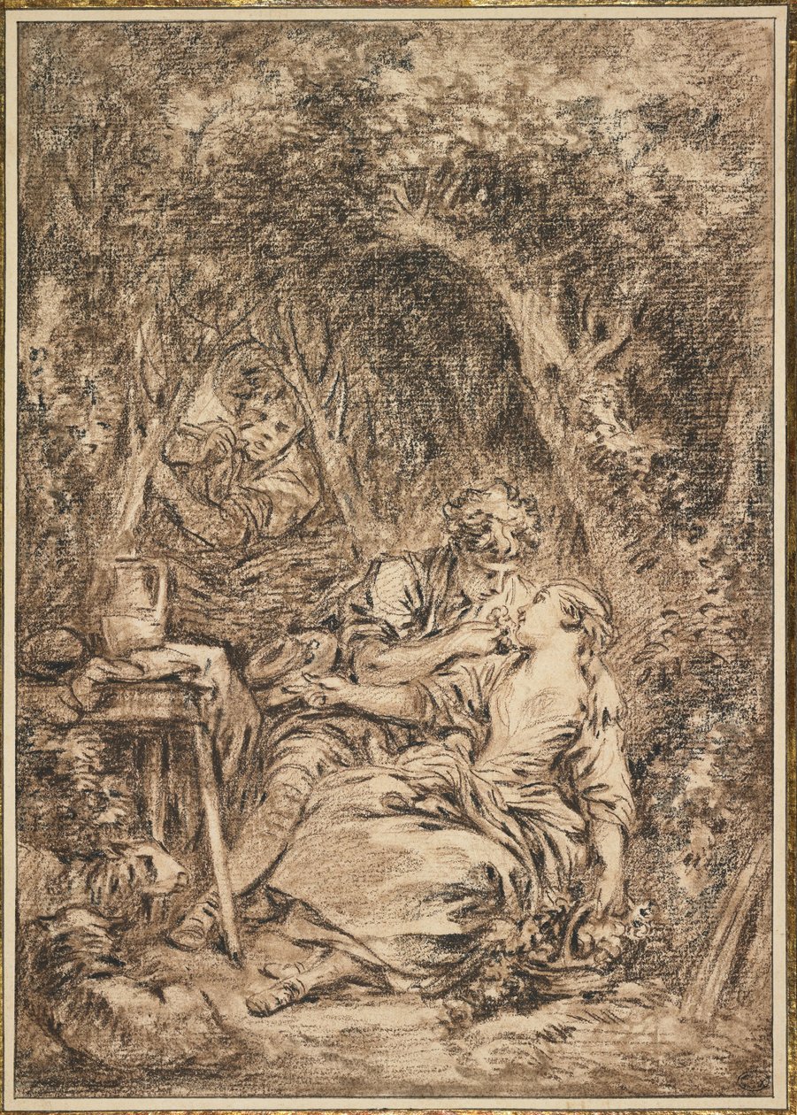 恋人惊讶（Annette et Lubin），1760年代早期（棕色和黑色粉笔，棕色水洗） 作者 弗朗索瓦·布歇