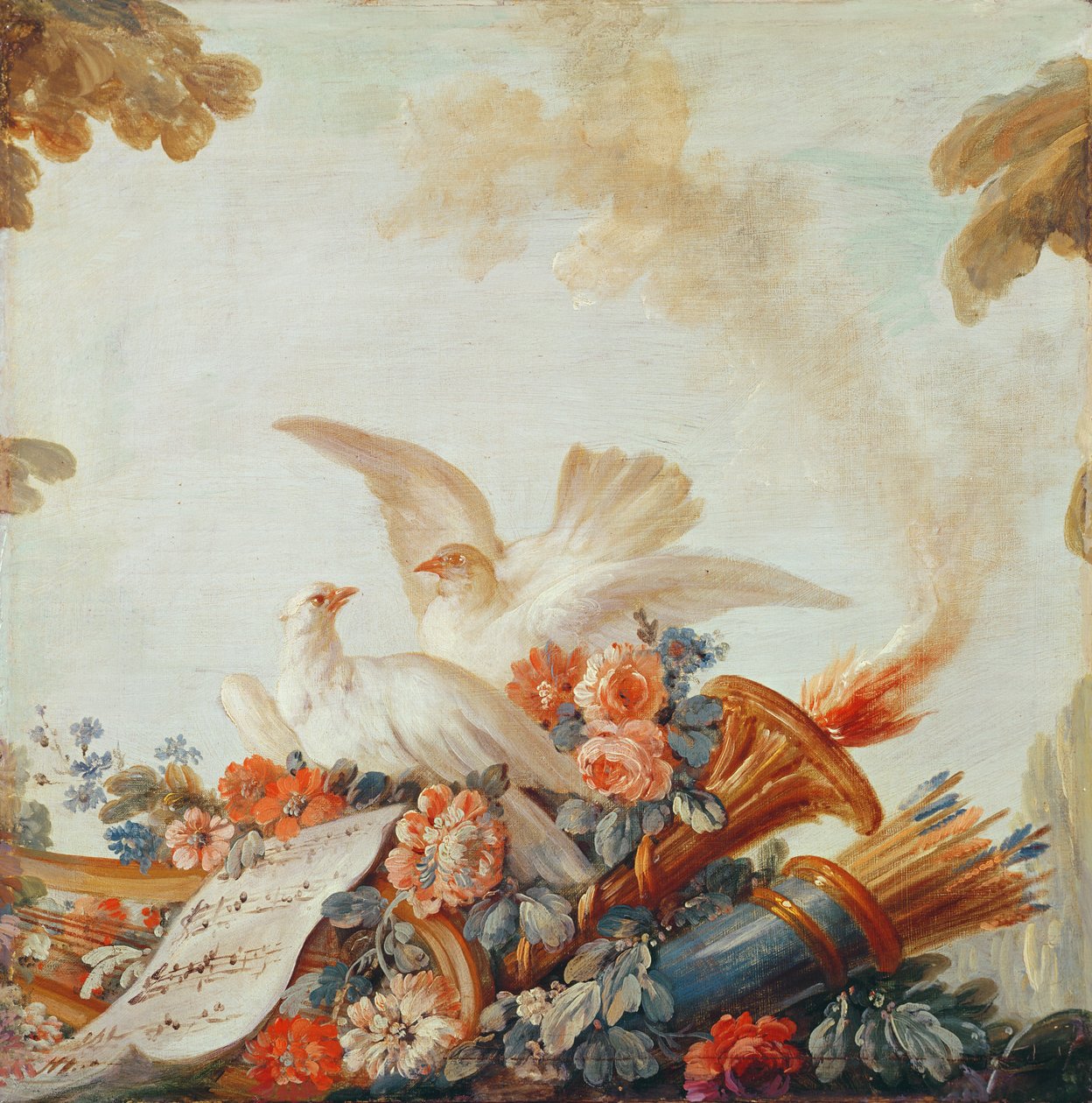 打印制造商Gilles Demarteau的沙龙，门上方：鸽子和乐谱，1750-65 作者 弗朗索瓦·布歇