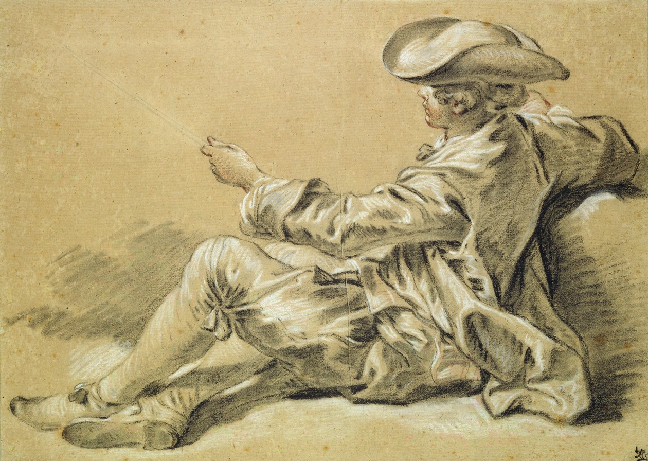 钓鱼竿的小男孩，1755（黑色和白色粉笔用浅棕色纸上的红色粉笔） 作者 弗朗索瓦·布歇