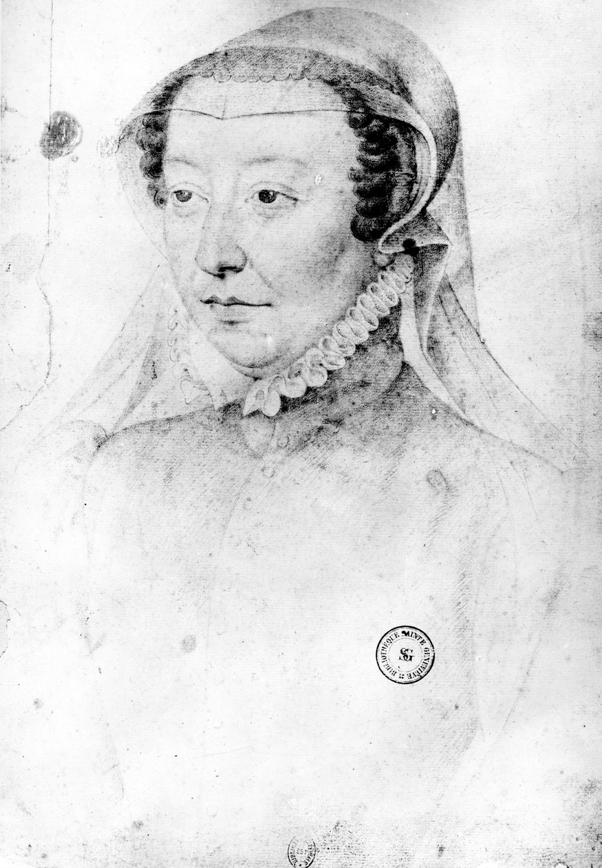 凯瑟琳·德·梅迪奇（Catherine de Medici），1560年（皮埃尔黑色和纸上的红色粉笔） 作者 弗朗索瓦·克鲁埃