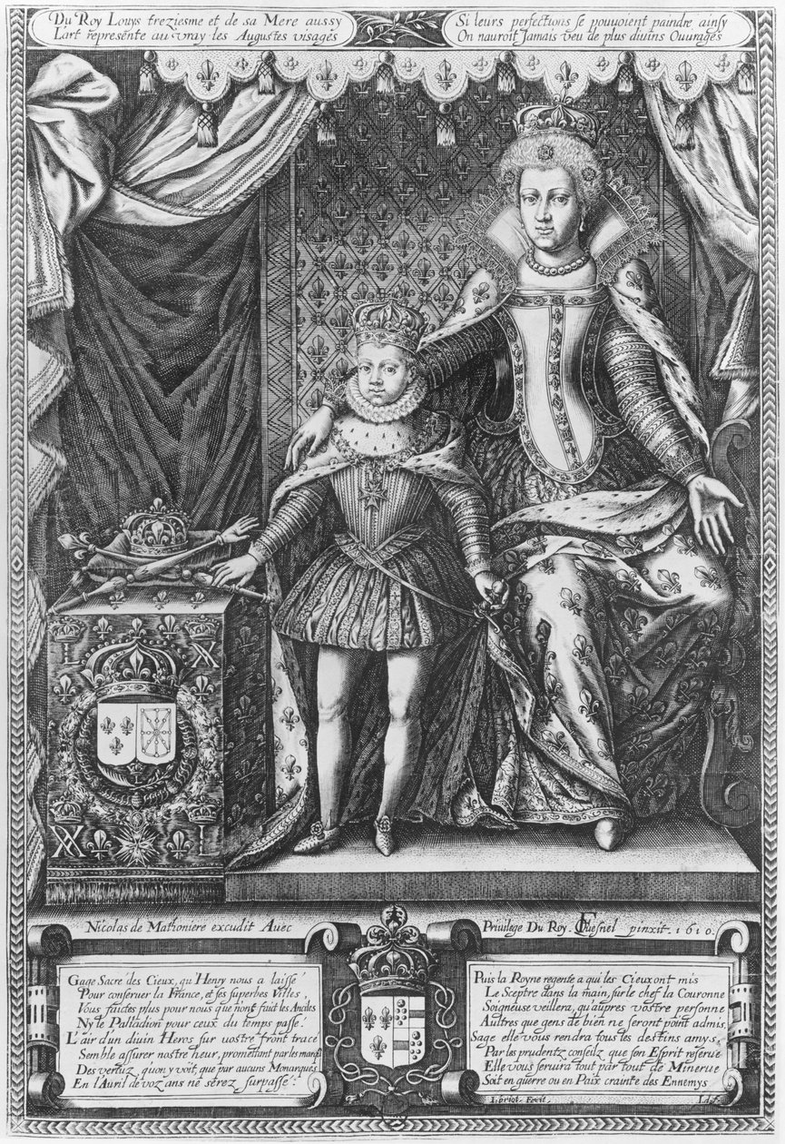 Queen Marie de Medicis和路易十三小时候，由Nicolas de Mathoniere（fl.1600-22）1610刻 作者 弗朗索瓦·奎斯内尔