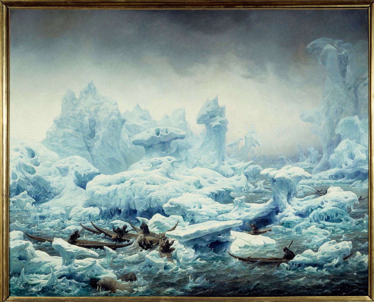 View of the icy ocean, walrus fishing by the Greenlanders Painting by Francois Auguste Biard (1799-1882) 1841 Sun. 1,3x1,63 m Dieppe, musee du chateau - Fishing for Walrus in the Arctic Ocean. View of the Polar Sea, Greenlanders hunting walrus. Painting by 作者 弗朗索瓦·奥古斯特·比亚尔