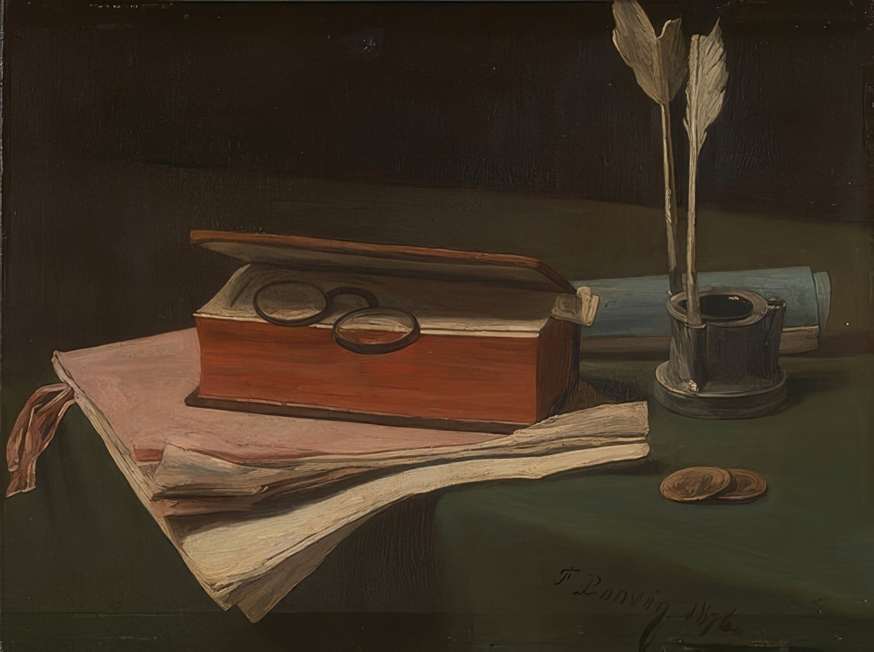 与书，论文和墨水池的静物画。 1876年 作者 弗朗索瓦·邦文
