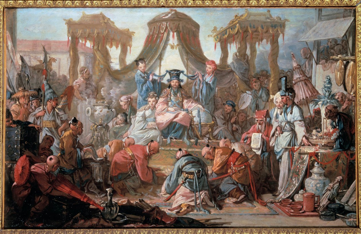 中国皇帝的观众臣民们在皇帝面前俯卧。弗朗索瓦·布歇（Francois Boucher）绘画 作者 弗朗索瓦·布歇