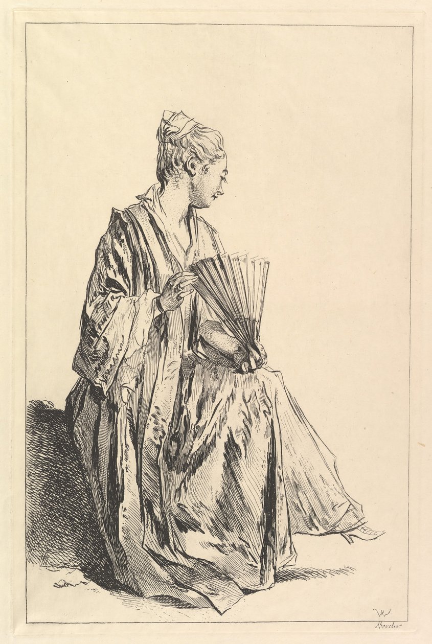 坐着的女人，右手侧面，玩风扇，1720-70年。 作者 弗朗索瓦·布歇
